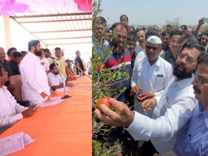 State CM Eknath Shinde today inspected the damage in Parner taluka of Ahmednagar district | एकनाथ शिंदे पारनेरमधील शेतकऱ्यांच्या बांधावर; २२ कुटुंबाना तात्काळ घरे उपलब्ध करुन देण्याचे आदेश