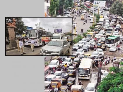 Khatara Shivshahi bus blocks Jalna road for an hour and a half; causing immense trouble to passengers and drivers | खटाऱ्या शिवशाही बसने जालना रोड दीड तास जाम; प्रवाशांसह, वाहनचालकांना प्रचंड त्रास