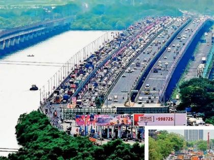 Long queue of vehicles on the busy Sion-Panvel highway bridge | वर्दळीच्या सायन-पनवेल महामार्गावरील खाडीपुलावर गाड्यांची लांबचलांब रांग! Long queue of vehicles on the busy Sion-Panvel highway bridge | वर्दळीच्या सायन-पनवेल महामार्गावरील खाडीपुलावर गाड्यांची लांबचलांब रांग!