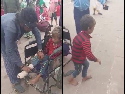 The couple was begging with a bandage on the child's foot; shocking video viral at ujjain | मुलाच्या पायावर पट्टी बांधून भीक मागत होतं दाम्पत्य; जवानांनी रोखल्यानंतर धक्कादायक खुलासा उघड