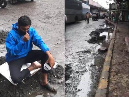 Passengers standing at the bus stop in Navi Mumbai are protesting due to unsanitary conditions | प्रवाशाने काढली प्रशासनाची लक्तरे; घाणीतच ठिय्या मांडून आंदोलन