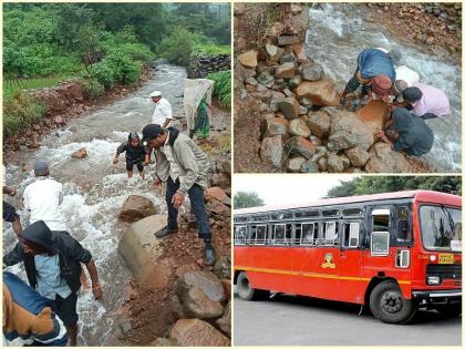 Passengers repaired the road for ST to continue; Neglect of Public Works Department | पुणे: ST सुरू राहावी म्हणून प्रवाशांनीच केला रस्ता दुरूस्त; सार्वजनिक बांधकाम विभागाचे दुर्लक्ष