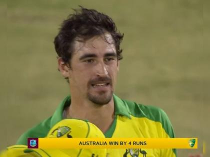 Mitchell Starc defends 11 off the final over against Andre Russell, He goes - 0, 0, 0, 0, 0, 6 & Australia win by 4 runs | WI vs AUS, Mitchell Starc : ०,०,०,०,०,६; अखेरच्या षटकात मिचेल स्टार्कनं दाखवली कमाल, आंद्रे रसेलची उडाली भंबेरी