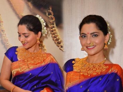 Actress Sonalee kulkarni looks stunning in bluee saree | Sonalee kulkarni: केसात माळलेला गजरा, नाकात नथ अन् कपाळी चंद्र कोर, सोनाली कुलकर्णीचा मराठमोळा लूक चर्चेत