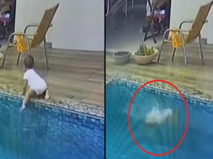 little girl fall in swimming pool father saved her in seconds, video goes viral | खेळता-खेळता स्विमिंग पूलमध्ये पडली चिमुकली, काही सेकंदाचा उशीर अन्; पाहा VIDEO