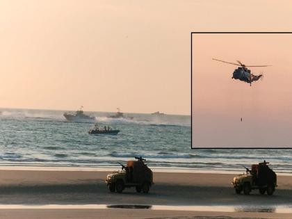 Naval fleet conducted exciting exercises with aircraft and helicopters in Tarkarli sea | Sindhudurg: नौदलाच्या विविध कसरतींनी नागरिक गेले भारावून, तारकर्ली समुद्रात चित्त थरारक कसरती