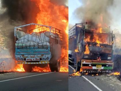 Burning thrill of tempo at Ghorwad Ghat on Sinner-Ghoti route in Nashik | सिन्नर-घोटी मार्गावर घोरवड घाटात टेम्पोचा बर्निंग थरार