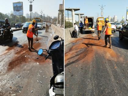 Three bikes fell due to oil spilled on the road, four injured, Manpada Bridge incident | रस्त्यावर सांडलेल्या ऑइलमुळे तीन दुचाकी घसरल्या, चौघे जखमी, मानपाडा ब्रिजवरील घटना