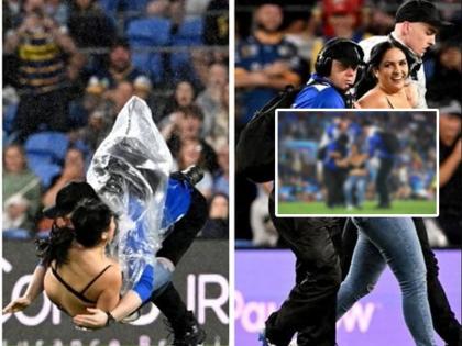 topless female fan streaker invavded live rugby match in australia football viral video photos javon johanson | Topless Female Fan in Match, Javon Johanson: टॉपलेस होऊन महिला थेट सामना सुरू असताना घुसली मैदानात अन्... ; पाहा व्हिडीओ 