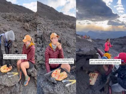 women cooks pizza at volcano people will shocked after this | Video: अरे बापरे! फूड ब्लॉगरने ज्वालामुखीच्या आत पिझ्झा शिजवला, व्हिडीओ पाहून नेटकरी चक्रावले