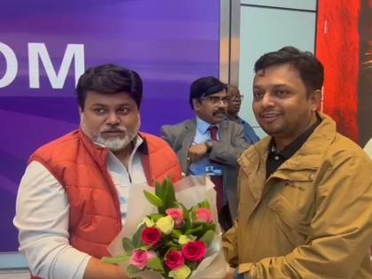 'Jai Bhawani Jai Shivaji' Uday Samant received by Maharashtra Mandal at London Airport | लंडनच्या विमानतळावर ‘जय भवानी जय शिवाजी’ उदय सामंत यांचे महाराष्ट्र मंडळाकडून स्वागत