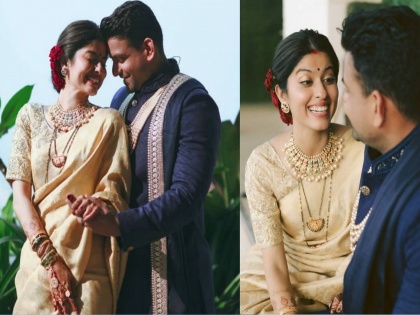 abhidnya bhave reception romantic photo actress kissing husband | तुला पाहते रे...! लग्नाच्या रिसेप्शनमध्ये रोमॅन्टिक झाली अभिज्ञा भावे, पाहा, ‘त्या’ क्षणाचा सुंदर फोटो