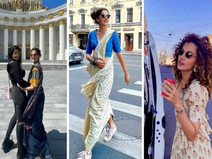 Taapsee Pannu swag on streets of Russia wearing shoes on a sari