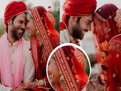 rajkummar rao patralekhaa wedding know what is meaning of bangla text written on patralekhaa wedding saree | Rajkumar Rao-Patralekha Wedding: पत्रलेखाच्या लग्नाच्या ओढणीवरच्या ‘त्या’ बंगाली मॅसेजनं वेधलं सर्वाचं लक्ष, काय होतो त्याचा अर्थ?