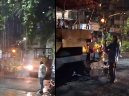 Ulhasnagar Municipality strange management; Asphalting of roads during heavy rain, criticized by opponents | उल्हासनगर पालिकेचा अजब कारभार; भरपावसात रस्त्याचे डांबरीकरण, विरोधकांनी केली टीका Ulhasnagar Municipality strange management; Asphalting of roads during heavy rain, criticized by opponents | उल्हासनगर पालिकेचा अजब कारभार; भरपावसात रस्त्याचे डांबरीकरण, विरोधकांनी केली टीका