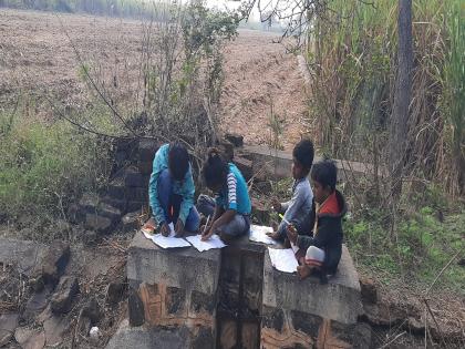 The children of the sugarcane workers engage in study on the canal in Kalgaon Karad Town Satara district | Education : ऑनलाईन ना ऑफलाईन; कालव्याच्या कट्ट्यावर ऊसतोड मजुरांची मुले गिरवताहेत शिक्षणाचे धडे