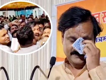 khandwa bjp mla devendra verma cried after being denied ticket in mp assembly elections 2023 | रुमालाने तर कोणी हाताने पुसले अश्रू...; तिकीट कापताच ढसाढसा रडले आमदार, समर्थकांनी सावरलं