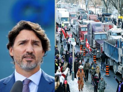 Justin Trudeau Freedom Convoy: Canada's PM's residence surrounded by 20,000 trucks; Justin Trudeau's secret escape after Anti-vaccine remark, Truckers protest in Ottawa | Justin Trudeau: कॅनडाच्या पंतप्रधान निवासाला २०००० ट्रकनी घेरले; जस्टिन ट्रूडो गुप्त ठिकाणी पळाले