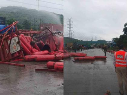 A truck carrying hydrogen gas tanks overturned; Traffic jam on both lanes on Mumbai Ahmedabad highway | हायड्रोजन गॅसच्या टाक्या वाहून नेणारा ट्रक झाला पलटी; मुंबई अहमदाबाद महामार्गावर दोन्ही लेनवर वाहतूक कोंडी