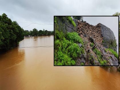 Less rainfall in Kolhapur, Panchganga warning level; The stone tower collapsed on Vishalgad | Rain: कोल्हापुरात पंचगंगा इशारा पातळीकडे, ५८ बंधारे पाण्याखाली; विशाळगडावर दगडी बुरुज कोसळला