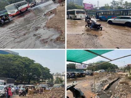 Pipeline ruptures at Pune Seven Loves Chowk Water started flowing on the road for 3 hours | Video: पुण्याच्या सेव्हन लव्ह्ज चौकात पाईपलाईन फुटली; तब्बल ३ तास रस्त्यावर पाण्याचा प्रवाह सुरु