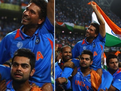 Indian team captain Virat Kohli After the 2011 World Cup win said, proud feel to take sachin tendulkar on shoulder | अब रुलाएगा क्या... सचिनला खांद्यावर उचलून घेणारा विराट जे बोलला होता, ते भारीच होतं राव!