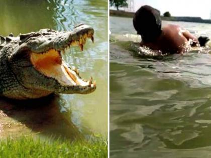 Viral video of crocodile attack incident record in mobile bhopal | बापरे! मगरीचा जीवघेणा हल्ला कॅमेरात कैद; तरुणाचा पाय जबड्यात धरून खेचलं पाण्यात