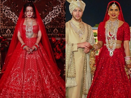 Neha kakkar rohanpreet singh copied priyanka chopra wedding outfits | नेहा कक्करच्या लेंहग्याची रंगली चर्चा, प्रियंका चोप्राचे ब्राइडल लूक केले कॉपी?
