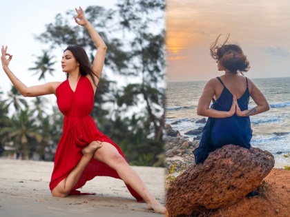 Aashka Goradia Appeared In A Green Floral bikini Playing With Waves And Doing Yoga On Beach | ग्रीन फ्लोरल बिकिनीमध्ये योगा करत होती 'ही' अभिनेत्री,तिचा हॉट अंदाज पाहून तुम्हीही म्हणाल WoW
