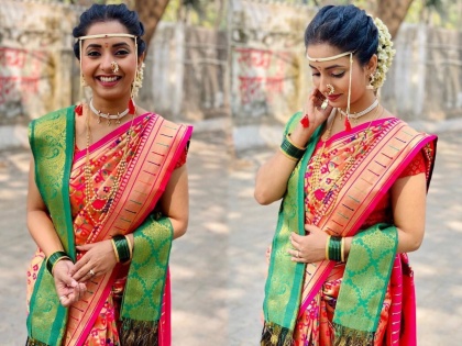 Sayali Sanjeev Bridal Look Photo On Social Media, Creating Buzz Of Her Marriage | नाकात नथ, चेह-यावर बाशिंग नववूधूच्या रुपात दिसली फारच सुंदर, फोटो पाहून चर्चेला उधाण