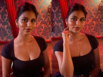 Shana khan glamorous look in black outfits share photos | ब्लॅक आऊटफिटमध्ये ग्लॅमरस दिसतेय सुहाना खान, गळ्यातील पेंडंटने वेधलं साऱ्यांचं लक्ष