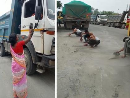 Women beat drivers transporting ashes; He took off his shirt and cleared the road | राखेची वाहतूक करणाऱ्या वाहनचालकांना महिलांनी दिला चप्पलेने चोप; शर्ट काढून रस्ता करायला लावला साफ Women beat drivers transporting ashes; He took off his shirt and cleared the road | राखेची वाहतूक करणाऱ्या वाहनचालकांना महिलांनी दिला चप्पलेने चोप; शर्ट काढून रस्ता करायला लावला साफ