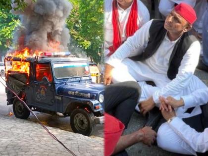 uttar pradesh police detained akhilesh yadav while going lakhimpur kheri | Akhilesh Yadav : सपा समर्थक आणि पोलिसांमध्ये झटापट, पेटवली पोलिसांची गाडी; अखिलेश यादव यांना घेतलं ताब्यात