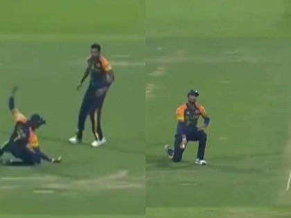 T20 World Cup: Leaps in the air, one-handed catch, Sri Lanka's Dasun Shanaka's video goes viral | T20 World Cup: हवेत झेप घेत एका हाताने घेतला जबरदस्त झेल, श्रीलंकेच्या Dasun Shanakaचा व्हिडीओ होतोय व्हायरल