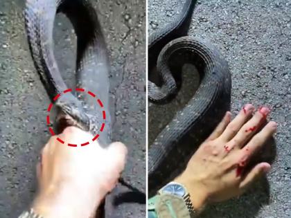 man trying to catch water snake, snake bites him badly video goes viral on social media | सापाला वारंवार डिवचत होता, सापाने असा काही चावा घेतला की मरता मरता वाचला जीव