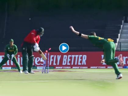 T20 World Cup, SA vs BAN : Anrich Nortje is only the second bowler to dismiss a batter HIT WICKET in the T20 World Cup history, Watch Video  | T20 World Cup, SA vs BAN : १४ वर्षांनंतर वर्ल्ड कप स्पर्धेत विचित्र पद्धतीनं बाद झाला फलंदाज; द. आफ्रिकेचा गोलंदाज अनोख्या हॅटट्रिकच्या उंबरठ्यावर, Video 