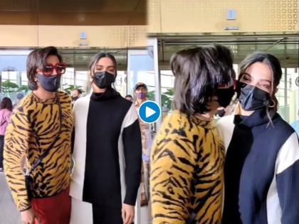 Ranveer singh kisses deepika padukone at the airport paparazzi shout once more viral video | Video : रणवीर सिंगने दीपिका पादुकोणला एअरपोर्टवर केलं Kiss, पापाराझी म्हणाले- 'वन्स मोअर प्लीज'