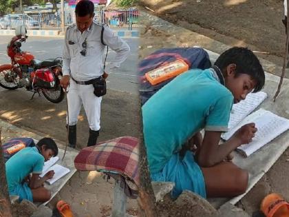 traffic police turns teacher for poor child wins people heart with gesture | वर्दीतील माणुसकी! गरीब विद्यार्थ्याच्या शिक्षणासाठी पोलिसाचा पुढाकार, नोकरी सांभाळून देतोय शिक्षण