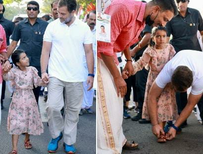 Bharat jodo yatra Rahul Gandhi wears sandals to an innocent girl see heart touching picture | Rahul Gandhi : भारत जोडो यात्रेदरम्यान चिमुकलीला घातली सँडल; राहुल गांधींनी जिंकलं सर्वांचं मन, फोटो व्हायरल