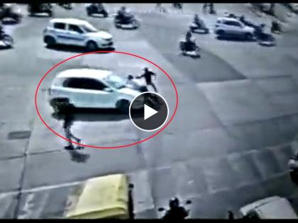 mp man driving car dragged traffi policeman on the bonnet in indore here is cctv | Video - फोनवर बोलत असल्याने कार चालकाला रोखलं; 'त्याने' पोलिसाला बोनेटवरून फरफरटत नेलं