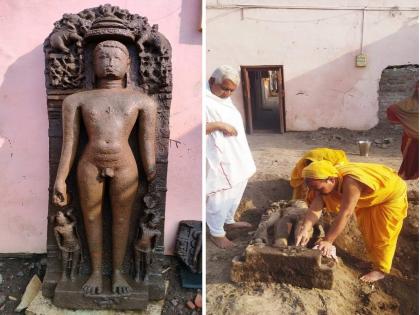 An ancient idol was found while digging in the Jain temple area at Aundha Nagnath | जैन मंदिर परिसरात खोदकाम करताना सापडली प्राचीन मूर्ती