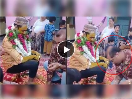 man applying- haldi to groom falls and dies video viral | Video - हृदयद्रावक! नवरदेवाला हळद लावताच मृत्यूने गाठलं, अवघ्या काही सेकंदात आक्रित घडलं