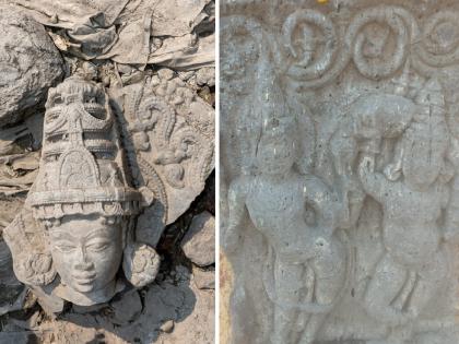 Gadawari river basin dry and exposed 11th century statues, inscriptions in Gangakhed | गोदा पात्र कोरडे पडले अन् उघड झाला पुरातन ठेवा; ११ व्या शतकातील मुर्ती, शिलालेख सापडले