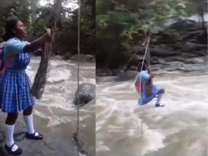 girls risk their lives just to go to school viral video of girl crossing river | भीषण वास्तव! शाळेसाठी विद्यार्थिनीचा जीवघेणा प्रवास, नदी पार करतानाचा भयंकर Video व्हायरल