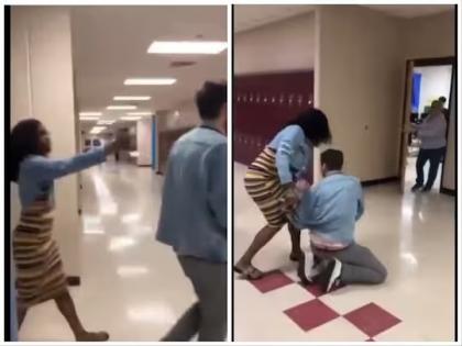 america teen pepper sprays teacher twice after he confiscates her phone internet outraged video | Video - "परत द्या..."; शिक्षकाने फोन घेतला, विद्यार्थिनीला राग आला; 'तिने' डोळ्यात मिरची स्प्रे मारला