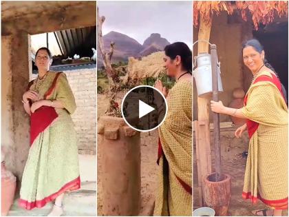 Marathi Samidha Guru ramli in the village; The actress enjoyed doing village work | गावखेड्यात रमली समिधा गुरु; अभिनेत्रीने केली टोपल्या उचलण्यापासून धान्य कांडपण्यापर्यंतची कामे