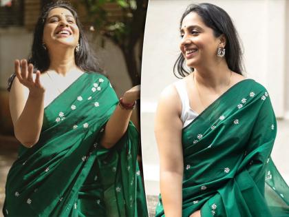 aai kuthe kay karte fame madhurani gokhale prabhulkar share green saree photos | मधुराणीच्या हिरव्या साडीवर पारिजातकाचा सडा; अभिनेत्रीच्या साधेपणाने भुलले चाहते