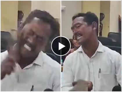 anakapalli district councilor mulaparthi ramaraju beat himself with slippers during meeting video | Video - "मतदारांना दिलेली आश्वासने पूर्ण केली नाही"; सभेत नगरसेवकाने स्वतःला चप्पलेने मारलं