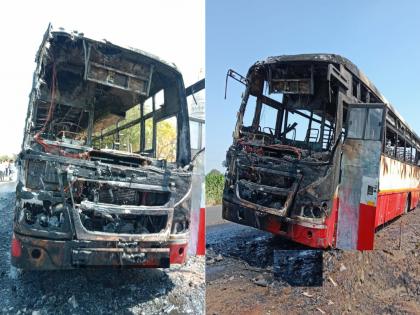 Bus set on fire near Wasmat in Hingoli; So stone pelting on bus at Shirad Shahapur | हिंगोलीत वसमतजवळ बस पेटविली; तर शिरड शहापूर येथे बसवर दगडफेक 