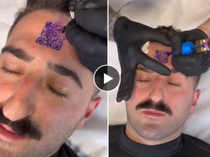 qr code tattoo on forehead shocking video viral on internet | Video - अजबच! 'त्याने' थेट कपाळावरच काढला QR कोडचा टॅटू; कारण ऐकून बसेल धक्का